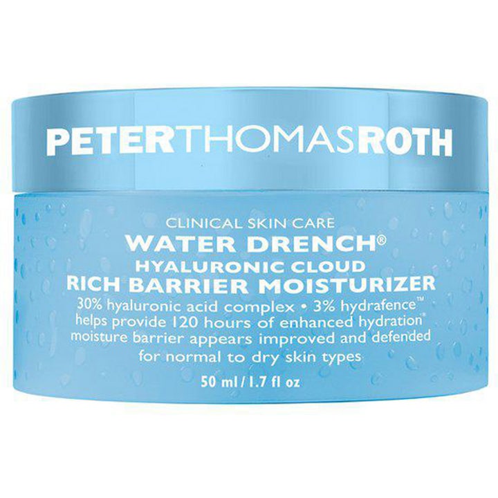 Peter Thomas Roth Water Drench Rich Barrier Moisturizer 50 ml fuktbarriär hyaluronsyra ansiktskräm i blå burk.