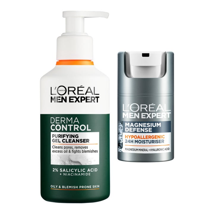 L'Oréal Men Expert Derma Control och Magnesium Defense hudvårdsduo mot orenheter i vitgrön pumpflaska och silverbehållare.