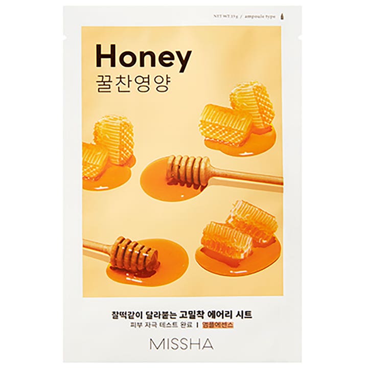 MISSHA återfuktande ansiktsmask Airy Fit Honey 19g ger näring med motiv av honungskakor i gyllene nektar