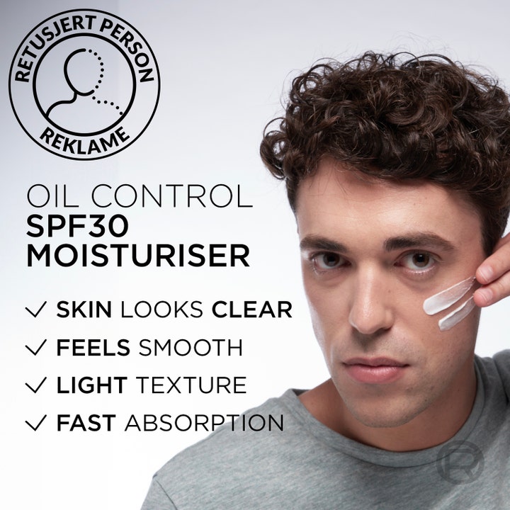 L'Oréal Paris Men Expert Derma Control 40 ml ansiktskräm ger klar hy visad på en man med kräm i ansiktet