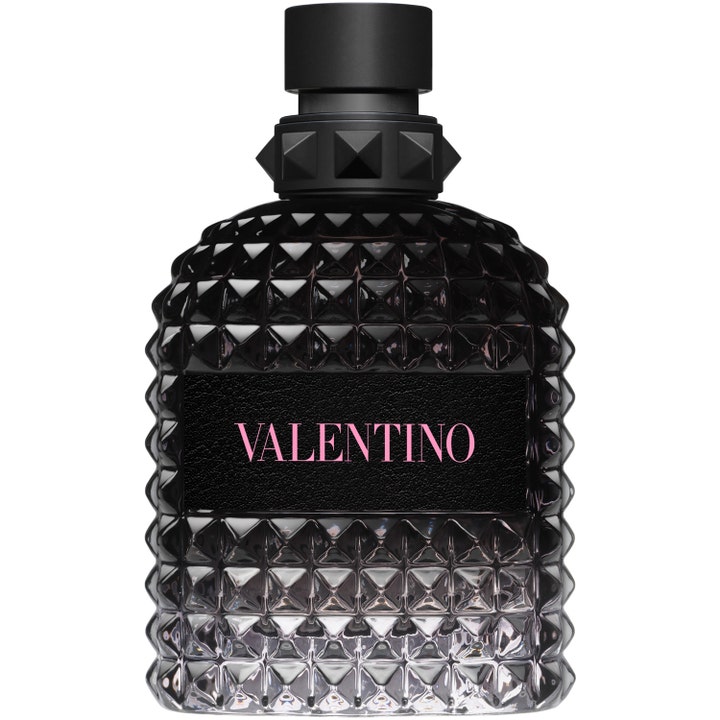 Valentino Born in Roma Uomo 100 ml kvällsparfym herr i en svart glasflaska med nitar och rosa text