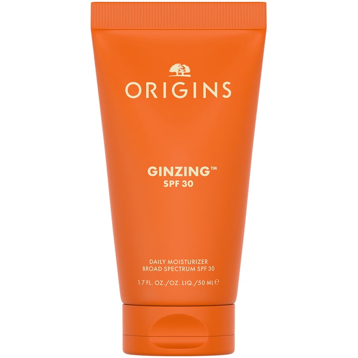 Origins GinZing SPF 30 50 ml energigivande ginseng hudvård som ger fukt i en klarorange plasttub med vit text
