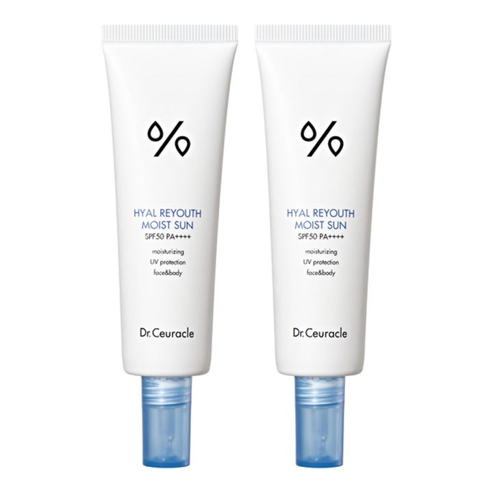 Dr. Ceuracle Hyal Reyouth Moist Sun fuktgivande SPF50 hyaluronsyra i två vita tuber med blå transparenta lock.