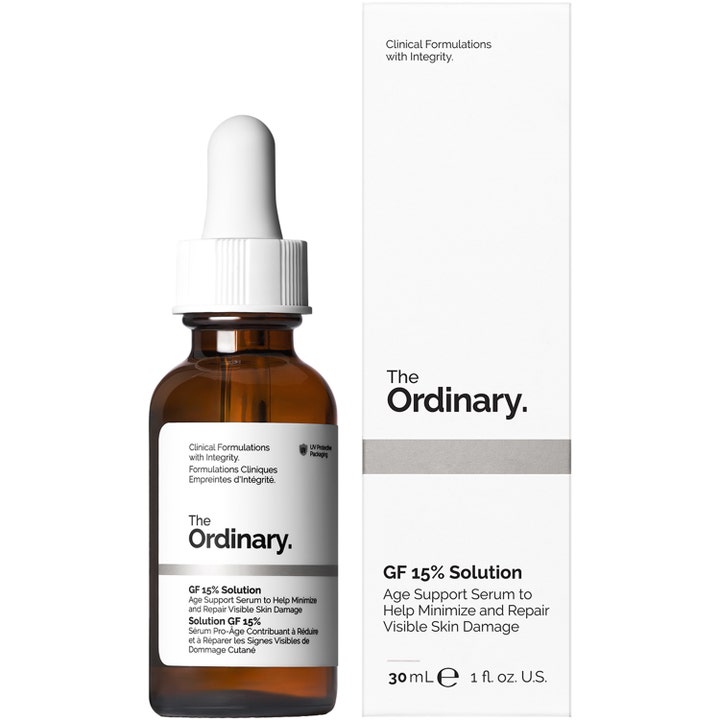 The Ordinary GF Solution 15% Serum 30 ml reparerande serum ansikte the ordinary i brun glasflaska med vit pipett och box.