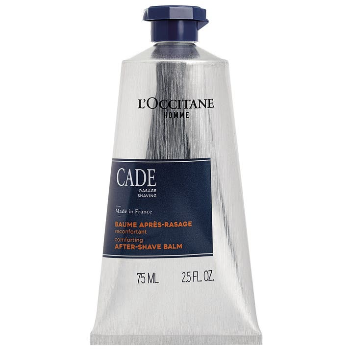L'Occitane Homme Cade 75 ml mens aftershave balm är ett lugnande rakningsbalsam i silverfärgad tub med blått lock.