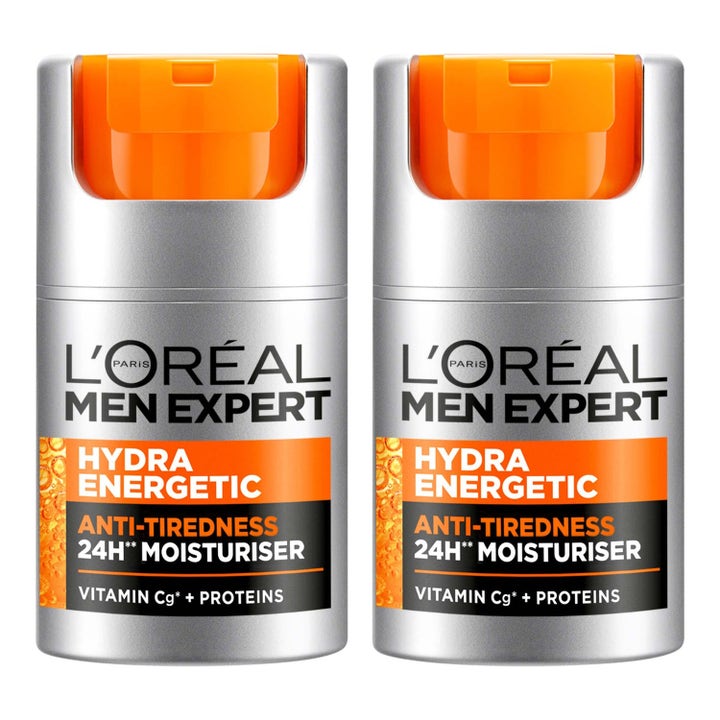 L'Oréal Men Expert Hydra Energetic 24H Moisturiser ansiktskräm mot trötthetstecken i två silverflaskor med orange pump.