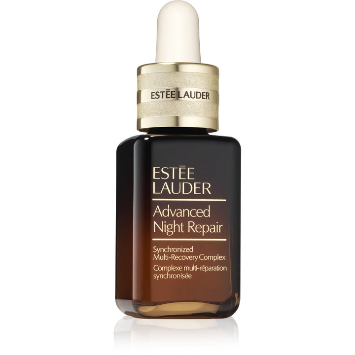 Estée Lauder Advanced Night Repair reparerande serum i brun glasflaska med eleganta gulddetaljer och vit pipett