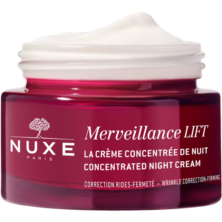 Nuxe Merveillance LIFT 50 ml uppstramande nattkräm i röd glasburk som visar den fylliga vita krämens textur.