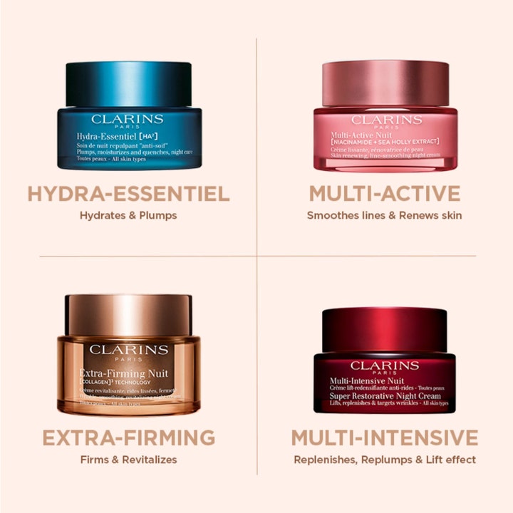 Clarins Extra-Firming Nuit 50 ml anti age hudvård för slapp hud i bronsfärgad glasburk bland olika nattkrämer.
