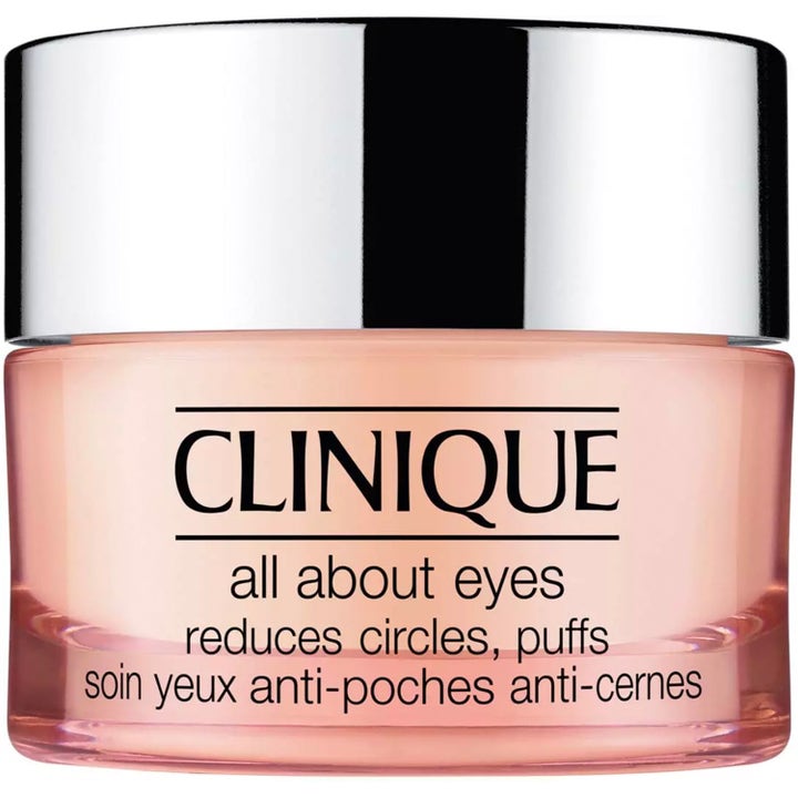Clinique All About Eyes ögonkräm som dämpar svullnad i en persikofärgad glasburk med silvrigt lock