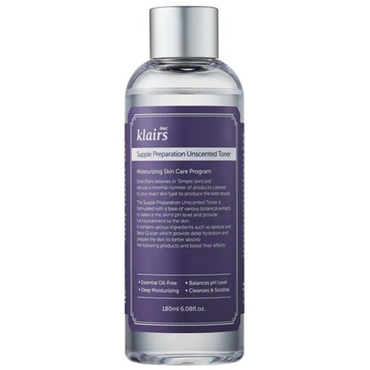 Klairs Supple Preparation Unscented Toner 180ml alkoholfritt ansiktsvatten djupfuktande i genomskinlig flaska med lila etikett