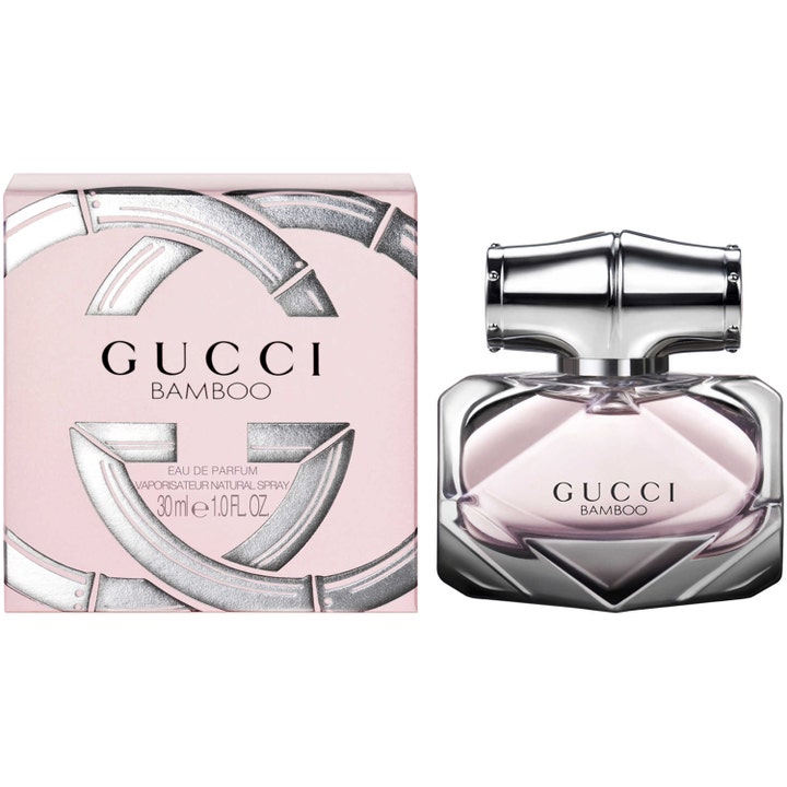 Gucci Bamboo 30 ml blommig parfym dam i facetterad glasflaska med ljusrosa vätska och silverkork intill matchande ask