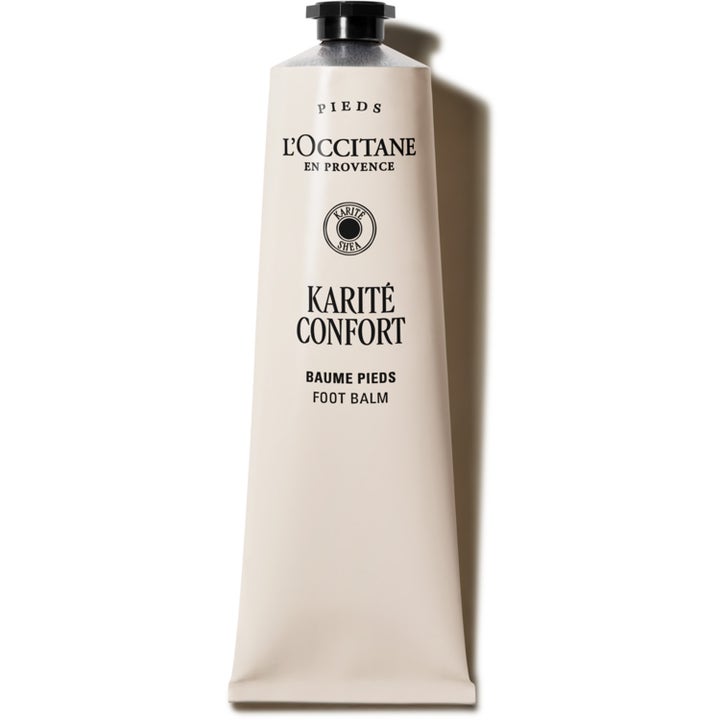 L'Occitane Karité Confort Foot Balm mjukgörande fotvård i beige tub med svart skruvkork som ger näring till fötterna