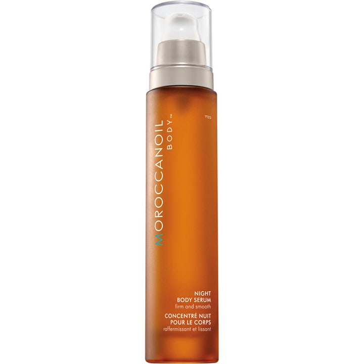 Moroccanoil Night Body Serum 100 ml argan nattserum som ger fasthet i en frostad brun glasflaska med pump.
