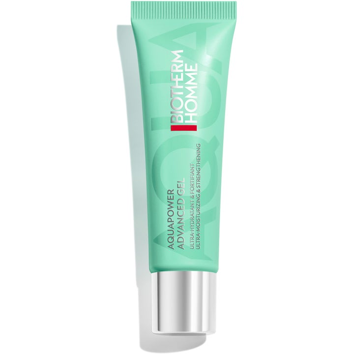 Biotherm Homme Aquapower Advanced Gel återfuktande ansiktsgel i mintgrön tub med glansigt silverlock som stärker huden.