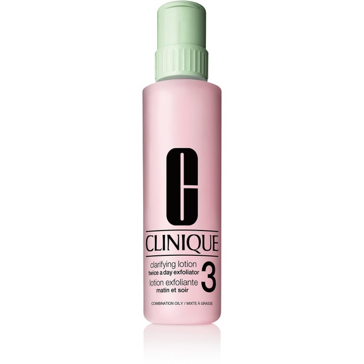 Clinique Clarifying Lotion 3 200 ml exfolierande ansiktsvatten i en ljusrosa flaska med mintgrönt lock.