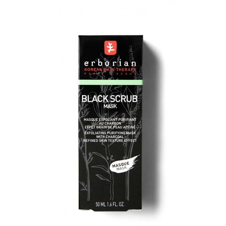 Erborian Black Scrub 50 ml detox exfoliering i svart kartong ger en ansiktsskrubb för finare hudstruktur
