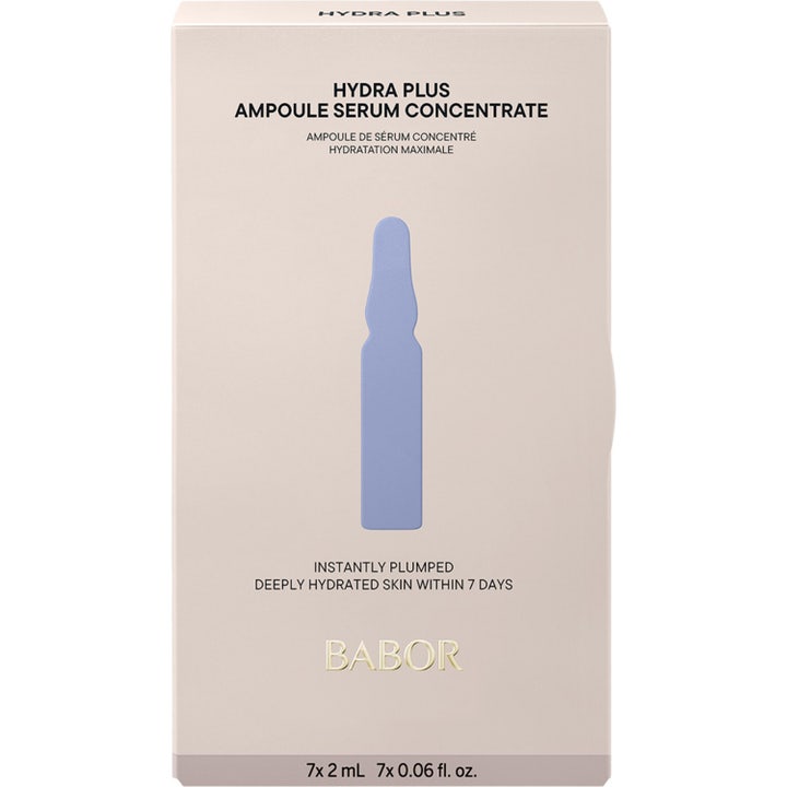 Babor Ampoule Hydra Plus 14 ml hyaluronsyra ampull ansiktsserum i beige ask med blå ampull-illustration