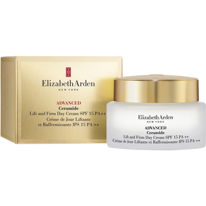 Elizabeth Arden Ceramide Lift & Firm Day Cream 50 ml i frostad glasburk med guldlock ger ansiktslyft med SPF 15