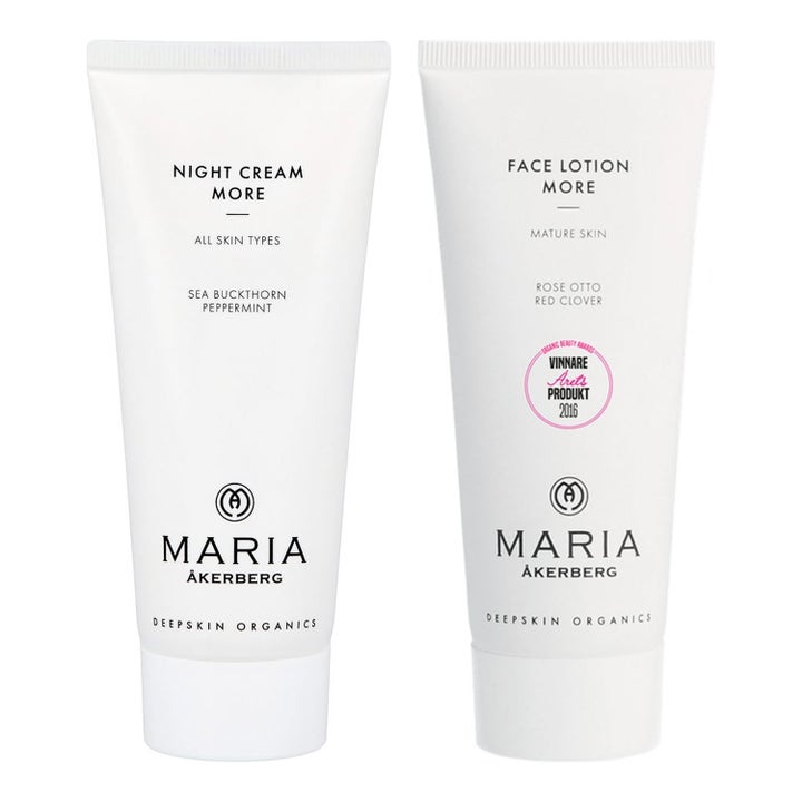 Maria Åkerberg Night Cream More och Face Lotion More Duo hudvård mogen hud i vita tuber med svart text och rosa emblem.