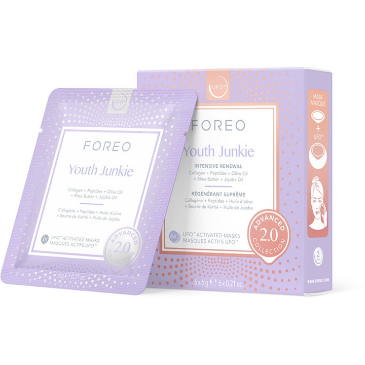 FOREO Youth Junkie 6x6g lyxig återfuktande ansiktsmask med kollagen peptider i lila ask och dospåse