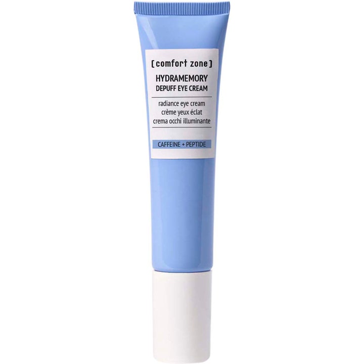 Comfort Zone Hydramemory Depuff Eye Cream 15 ml avsvällande ögonkräm med koffein i ljusblå tub med vit kork.