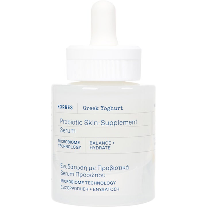 Korres Greek Yoghurt Probiotic Skin Supplement Serum 30ml ger en balanserad hudflora i vit flaska med vit pipett