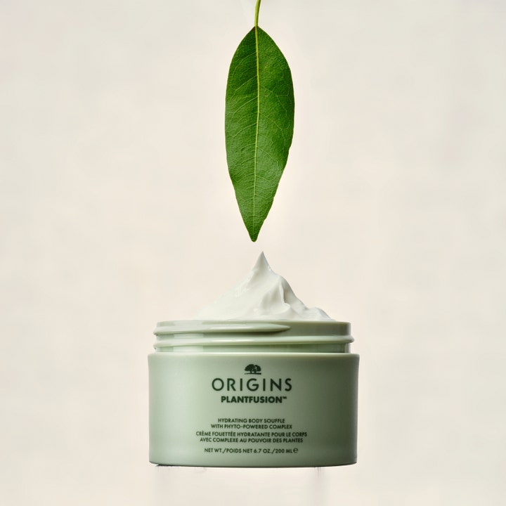 Origins Plantfusion Hydrating Body Souffle 200 ml intensivt återfuktande kroppslotion för torr hud med vit kräm och ett blad