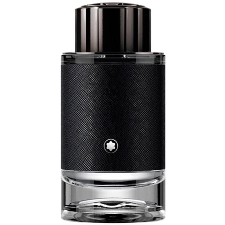 Montblanc Explorer Eau de Parfum 100 ml modern träig parfym i svart mönstrad flaska med silveremblem och glasklar botten