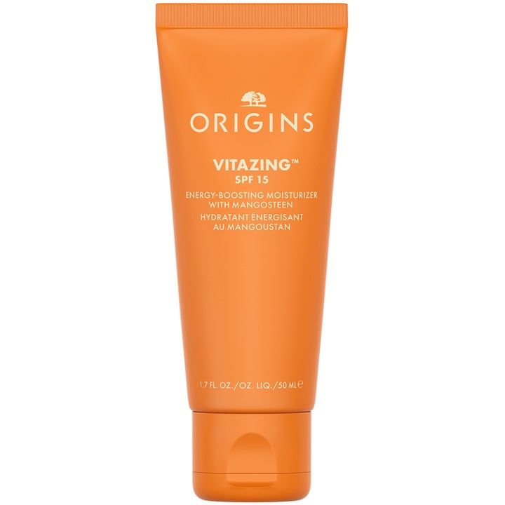 Origins VitaZing 50 ml energiboostande ansiktskräm och dagkräm med solskydd för ljus hy i en orange plasttub.