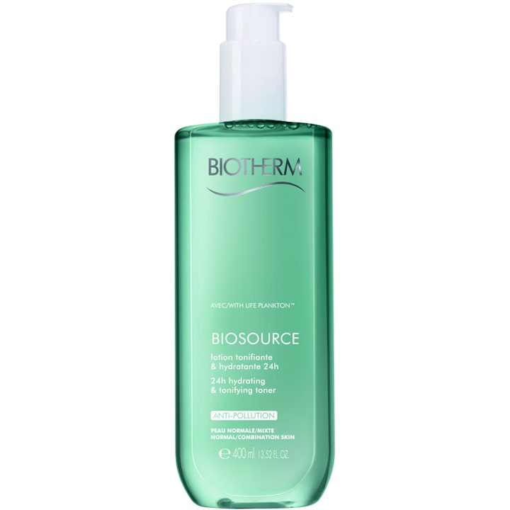 Biotherm Biosource 400 ml biotherm toner är en 24h hydrating toner i en grön genomskinlig flaska med vit pump
