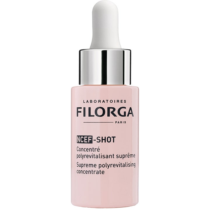 Filorga NCEF-Shot 15 ml anti age serum ger hudföryngring i en ljusrosa glasflaska med vit pipett.