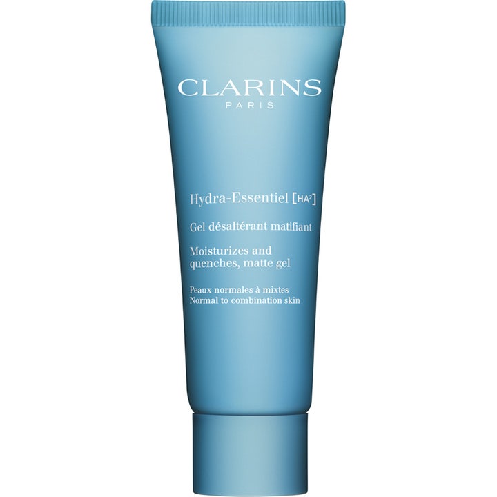Clarins Hydra-Essentiel [HA²] Matte Gel återfuktande ansiktskräm i en ljusblå tub som ger matt finish.