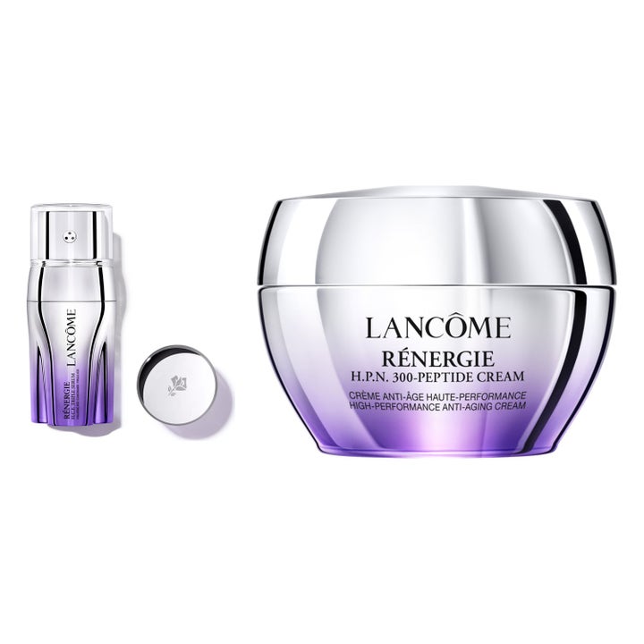Lancôme Rénergie H.P.N. Cream och H.C.F. Serum ger anti-age effekt i silverglänsande och lila lyxiga förpackningar.
