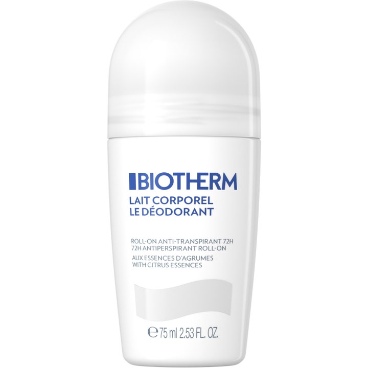 Biotherm Lait Corporel Deodorant 75 ml mot svett i en vit och rundad deodorant roll on för damer.