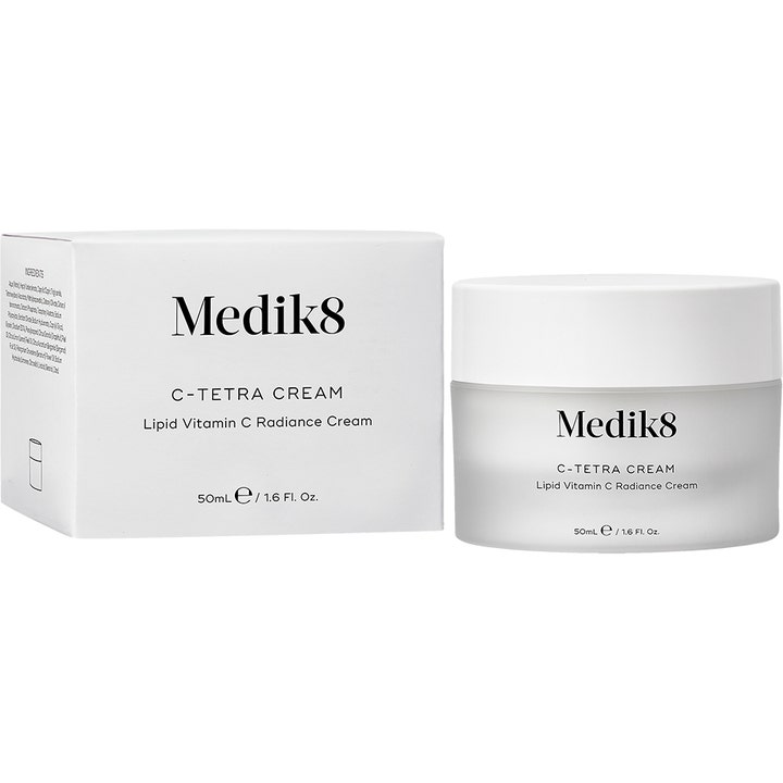 Medik8 C-Tetra Cream 50 ml anti-age återfuktande dagkräm i frostad glasburk bredvid vit ytterkartong