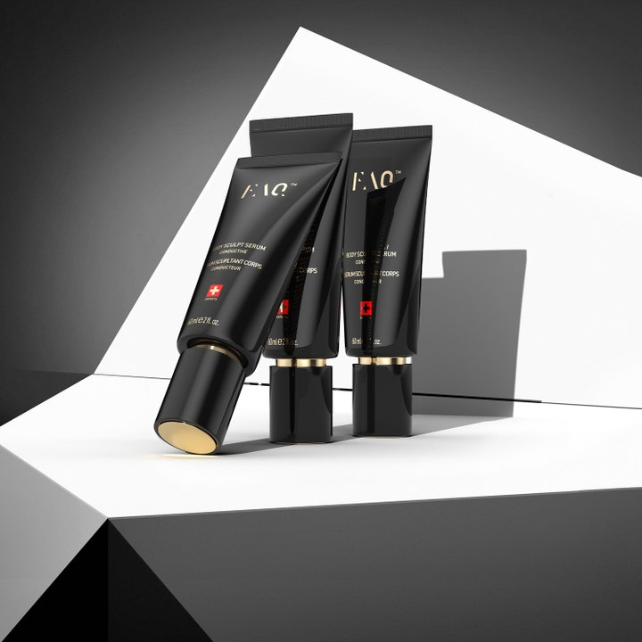 FAQ Swiss FAQ Body Sculpt Serum 60 ml kroppsformning peptidserum i svarta tuber med eleganta gulddetaljer