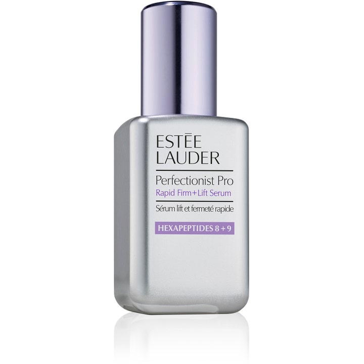 Estée Lauder Perfectionist Pro Rapid Firm + Lift Serum som ger fasthet med hexapeptider 8 9 serum i en silverflaska.