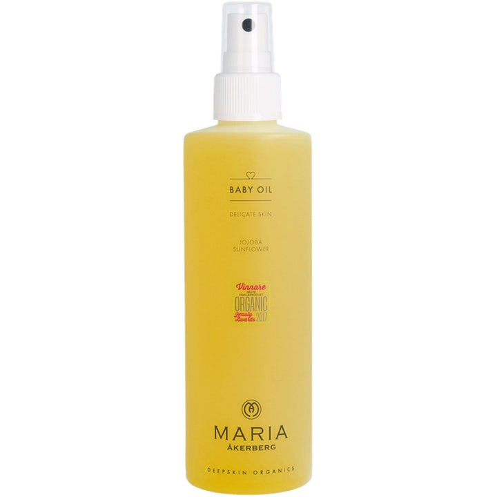 Maria Åkerberg Baby Oil ekologisk babyolja med jojobaolja för babymassage i genomskinlig flaska med vit spraypump