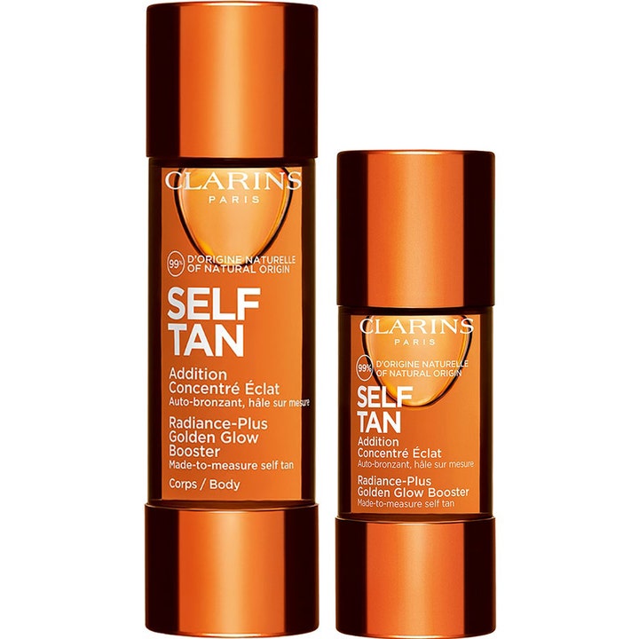 Clarins Self Tan Radiance-Plus Golden Glow Booster naturlig brun utan sol booster i två bärnstensfärgade flaskor