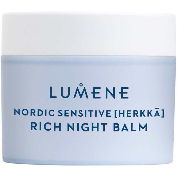 Lumene Nordic Sensitive Herkkä Rich Night Balm 50 ml lugnande balm känslig hud i ljusblå frostad burk med vitt lock.