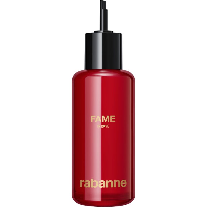 Rabanne Fame In Love Elixir Parfum 200ml refillflaska för intensiv parfym i röd flaska med svart kork och guldtext