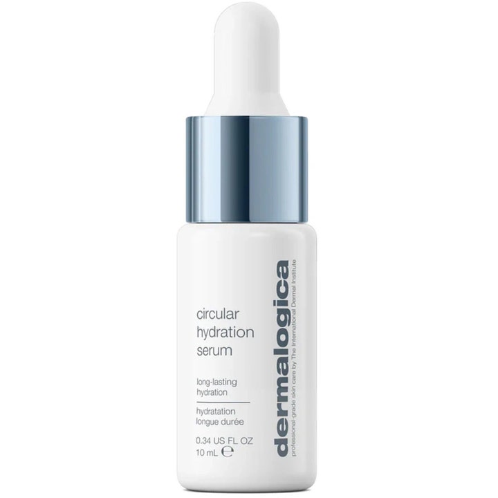 Dermalogica Circular Hydration Serum 10 ml ger långvarig fukt i en vit flaska med blått metalliskt lock och vit pipett