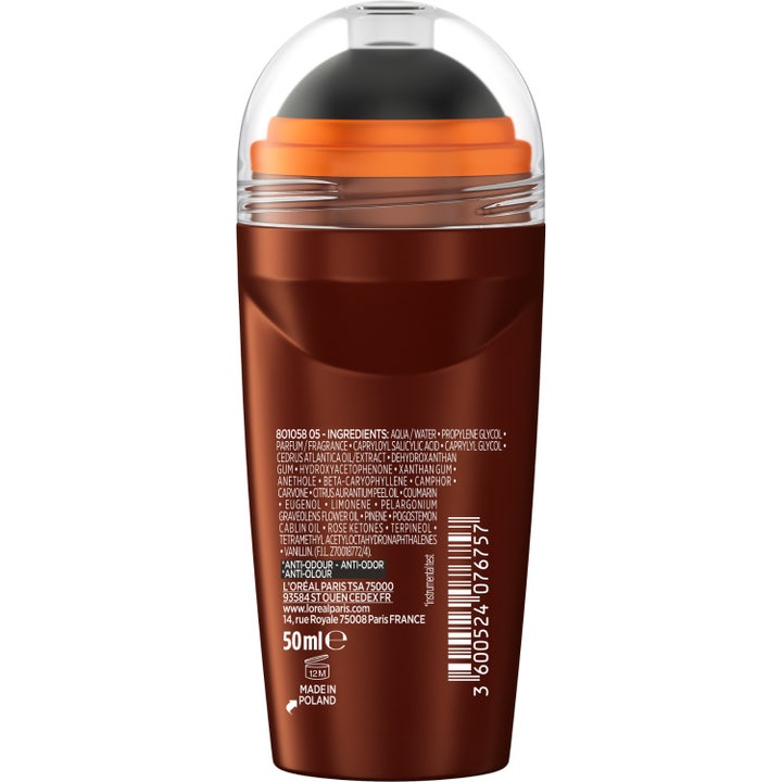 L’Oréal Paris Barber Club 50 ml deodorant herr 48h baksida med ingredienslista och svart kula under genomskinligt lock.