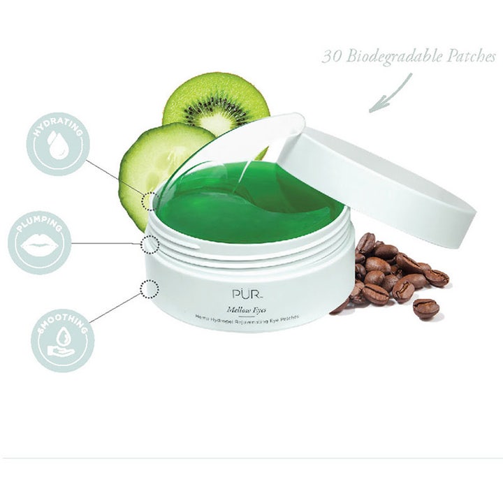 PÜR Mellow Eyes Rejuvenating Eye Patches 90 g återfuktande hydrogel eye patches i vit burk med gurka och kiwi