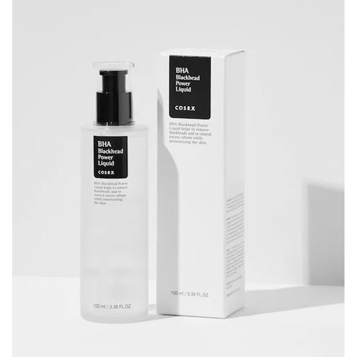 COSRX BHA Blackhead Power Liquid 100 ml exfolierande toner mot pormaskar i frostad flaska med svart pump och vit ask