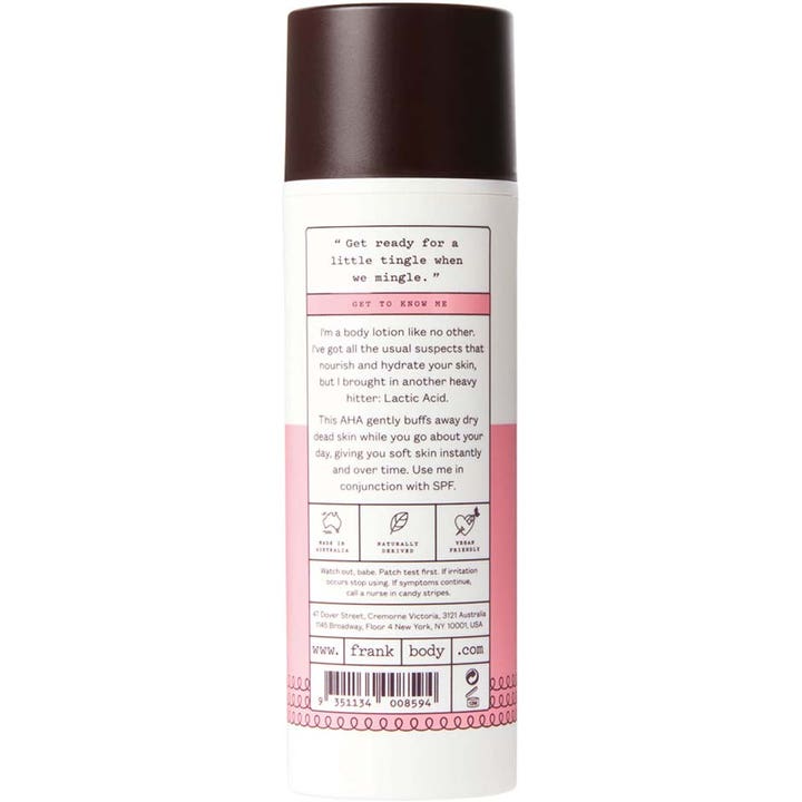Frank Body Smoothing AHA Body Lotion 140 ml exfolierande kroppsvård i flaska med baksidestext om mjölksyra