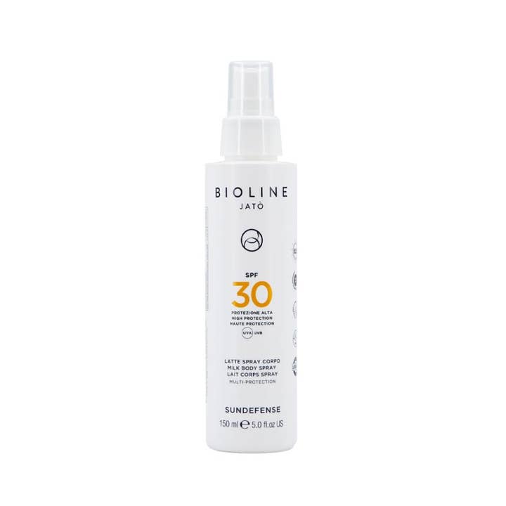 Bioline Jatò Sundefense Milk Body Spray 150 ml mjölkspray solskydd kropp i vit flaska med genomskinligt lock