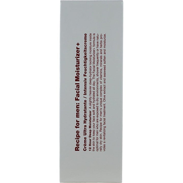 Recipe for men Dad’s Morning Survival Kit med Facial Moisturizer+ baksida av grå ytterförpackning med produktinfo