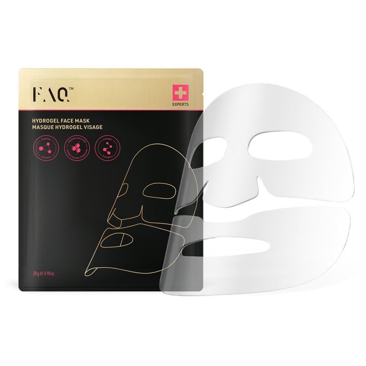 FAQ Swiss Hydrogel Face Mask 28g anti-aging ansiktsmask med kollagen bredvid en genomskinlig gelmask